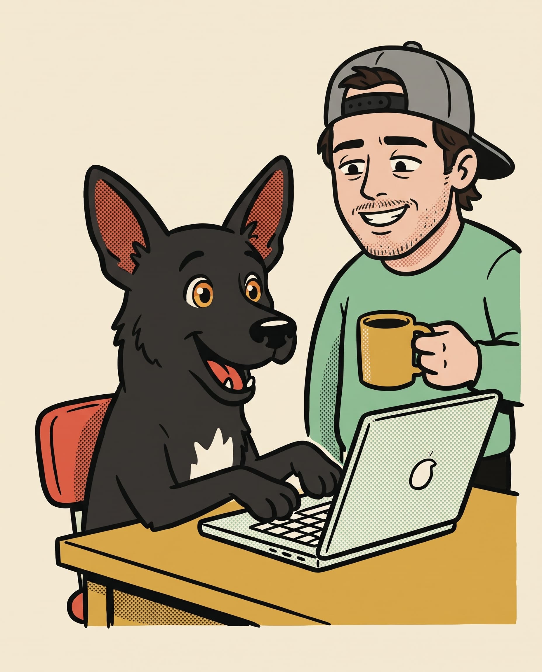 Comic illustration of Loki, a black dog with a white chest patch, typing on a laptop while Chris, in a backwards cap, looks on holding a coffee mug