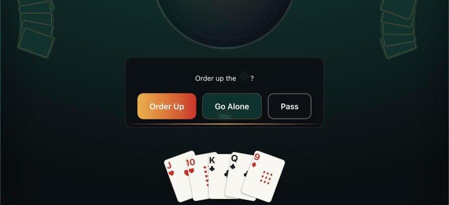 A euchre hand at the euchre.pro table, deciding whether to order up, go alone or pass